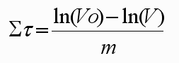 sigma tau equals natural log of V0 minus natural log V all divided by m